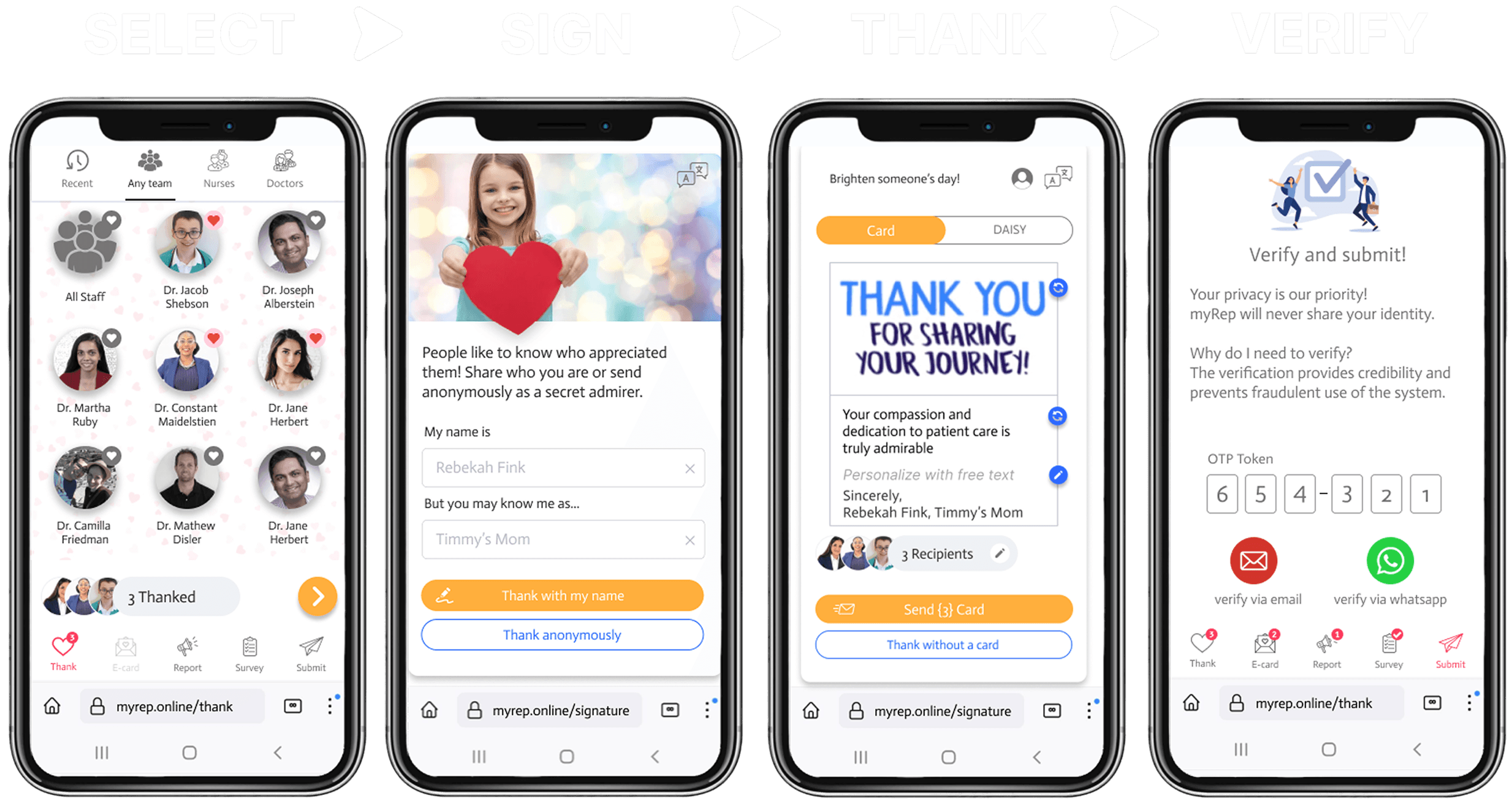 ThankRightNow app flow — select caregiver, write a thank-you, send in 30 seconds
