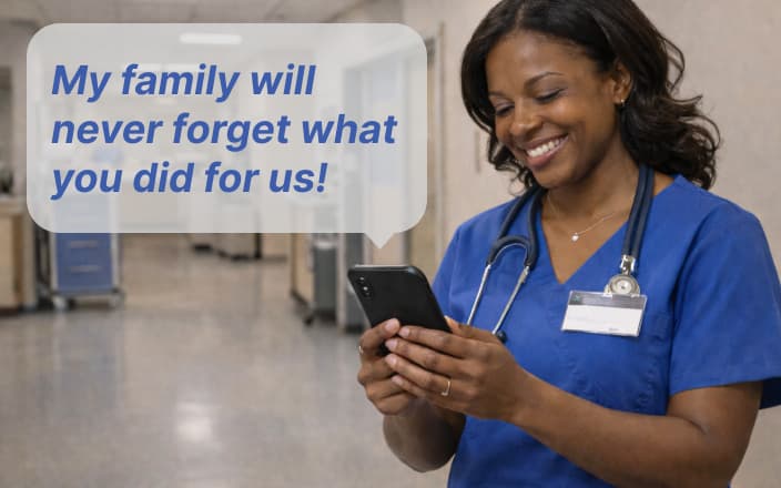 Nurse reading a patient thank-you message